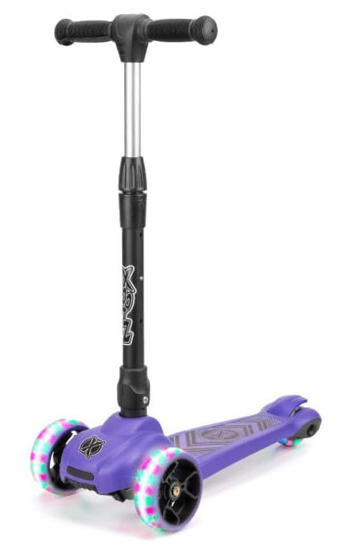 The Xootz Scout Foldable Tri-Scooter - Purple combines fun and adventure with its black handlebar, three wheels, and vibrant LED lights on the front. Its stable design features a wide base and adjustable height, making it perfect for kids.