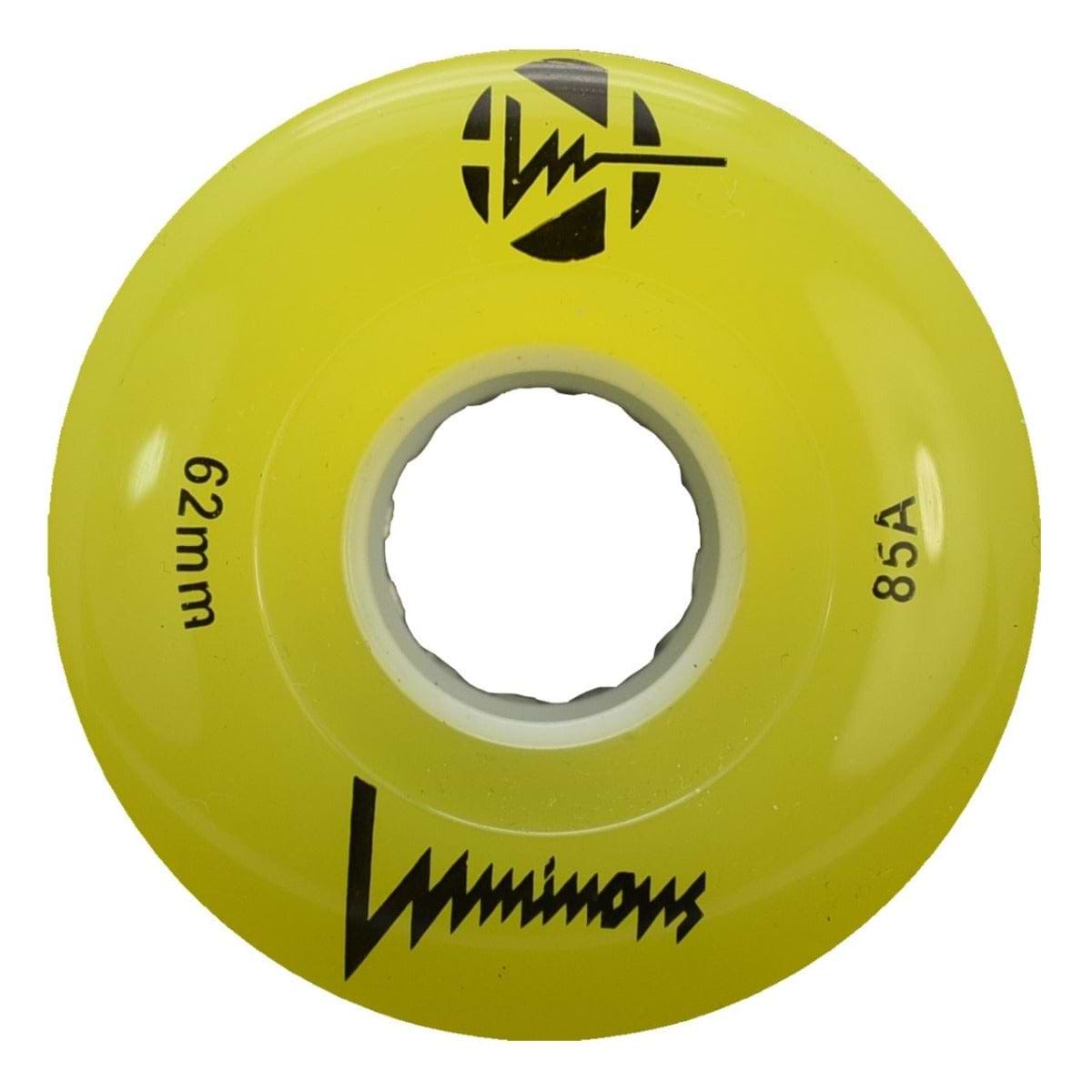 The Luminous LED 85A Quad Roller Skate Wheel in yellow (62mm) features a black logo, central mounting hole, and quality urethane—perfect for skaters seeking style and performance.