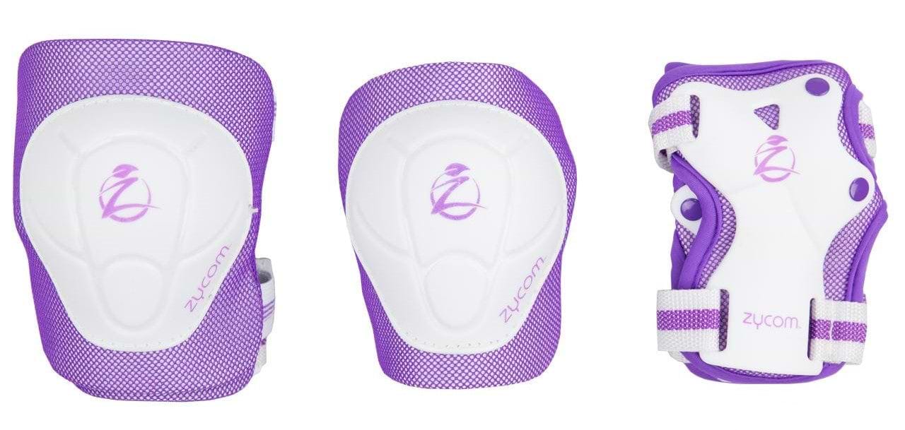The Zycom Child Combo Skate Protection Pad Set in lilac and white includes knee pads and a wrist guard featuring a logo. It comes with adjustable Velcro straps for secure fastening, ensuring both comfort and safety.