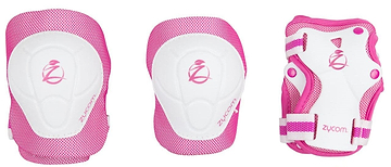 Introducing the Zycom Child Combo Skate Protection Pad Set in Pink and White: this set includes three pads—two for either knees or elbows and one wrist guard. Enhanced with EVA foam padding, it provides outstanding protection for children during skating and similar activities. The mesh design highlights the Zycom logo prominently.