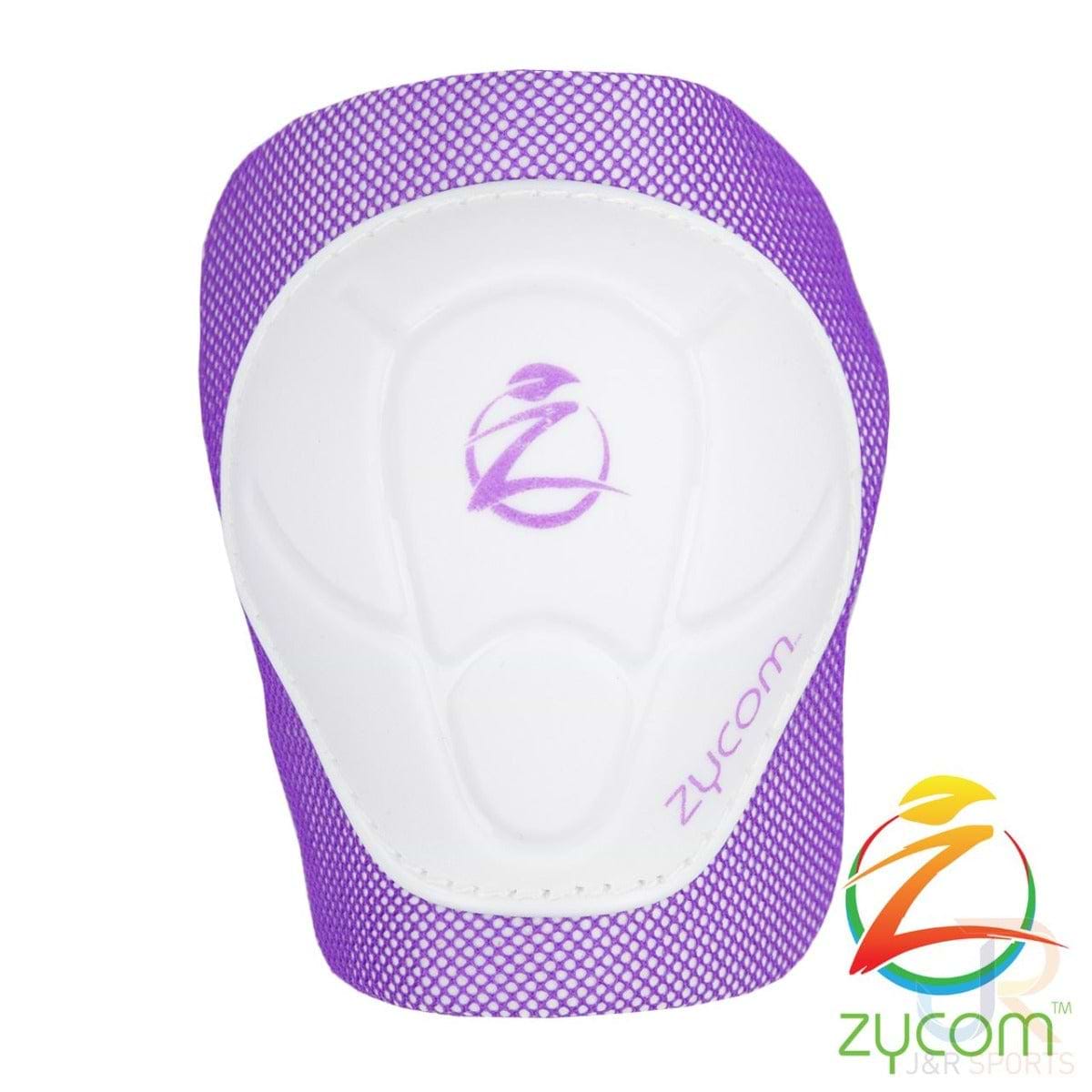 The image showcases the Zycom Child Combo Skate Protection Pad Set in lilac and white, featuring a close-up of a knee pad with purple mesh trim and adjustable Velcro straps for optimal child protection. The pad displays the Zycom logo and "zycom" text in purple. Set against a white background, the vibrant Zycom logo is visible in the bottom right corner, highlighting these perfect knee protection pads for active kids.