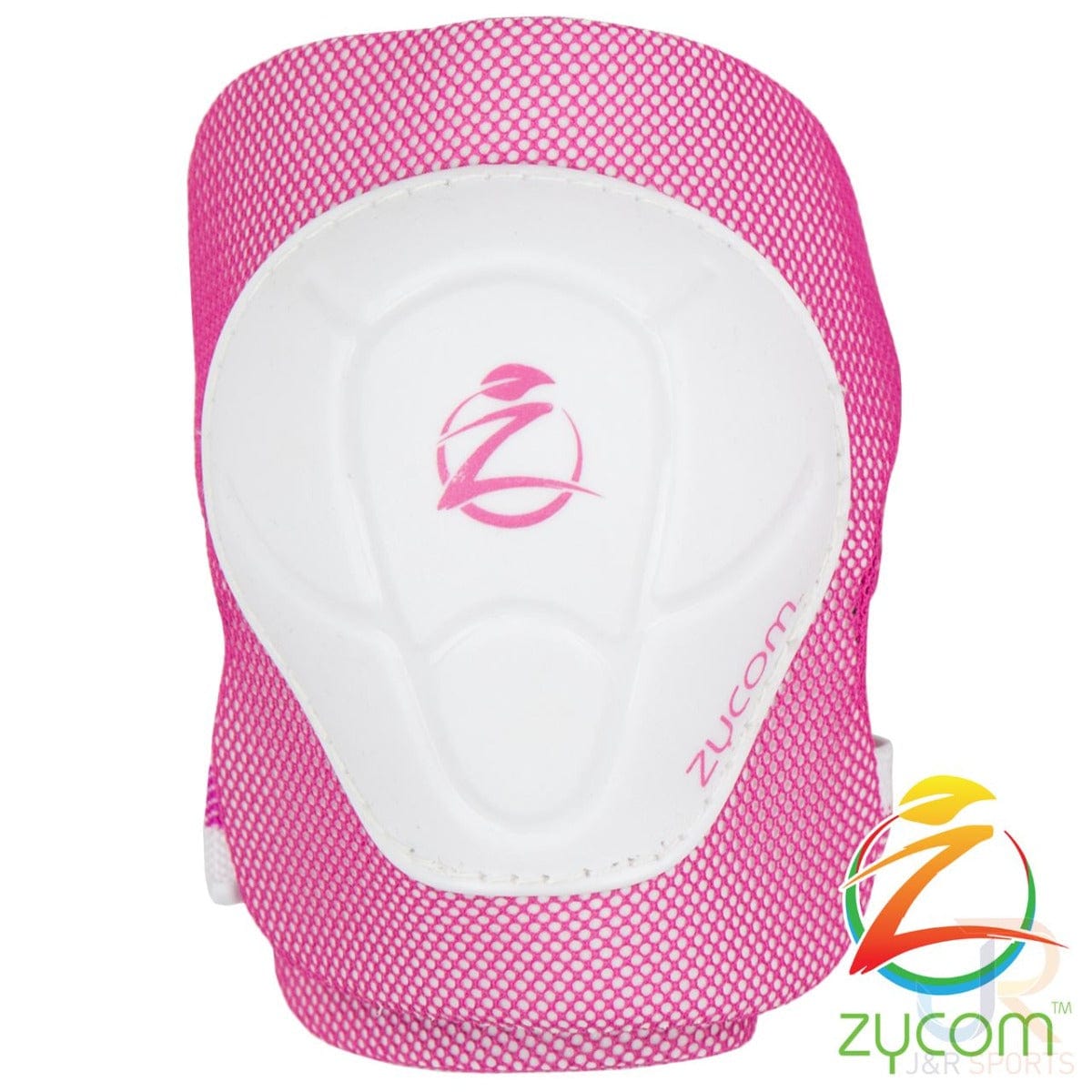 A Zycom Child Combo Skate Protection Pad Set in pink and white, featuring a mesh design with the Zycom logo prominently displayed in the center. This pad provides child protection with EVA foam padding for enhanced comfort and safety, along with a unique circular emblem and the brand name "Zycom" on the front.
