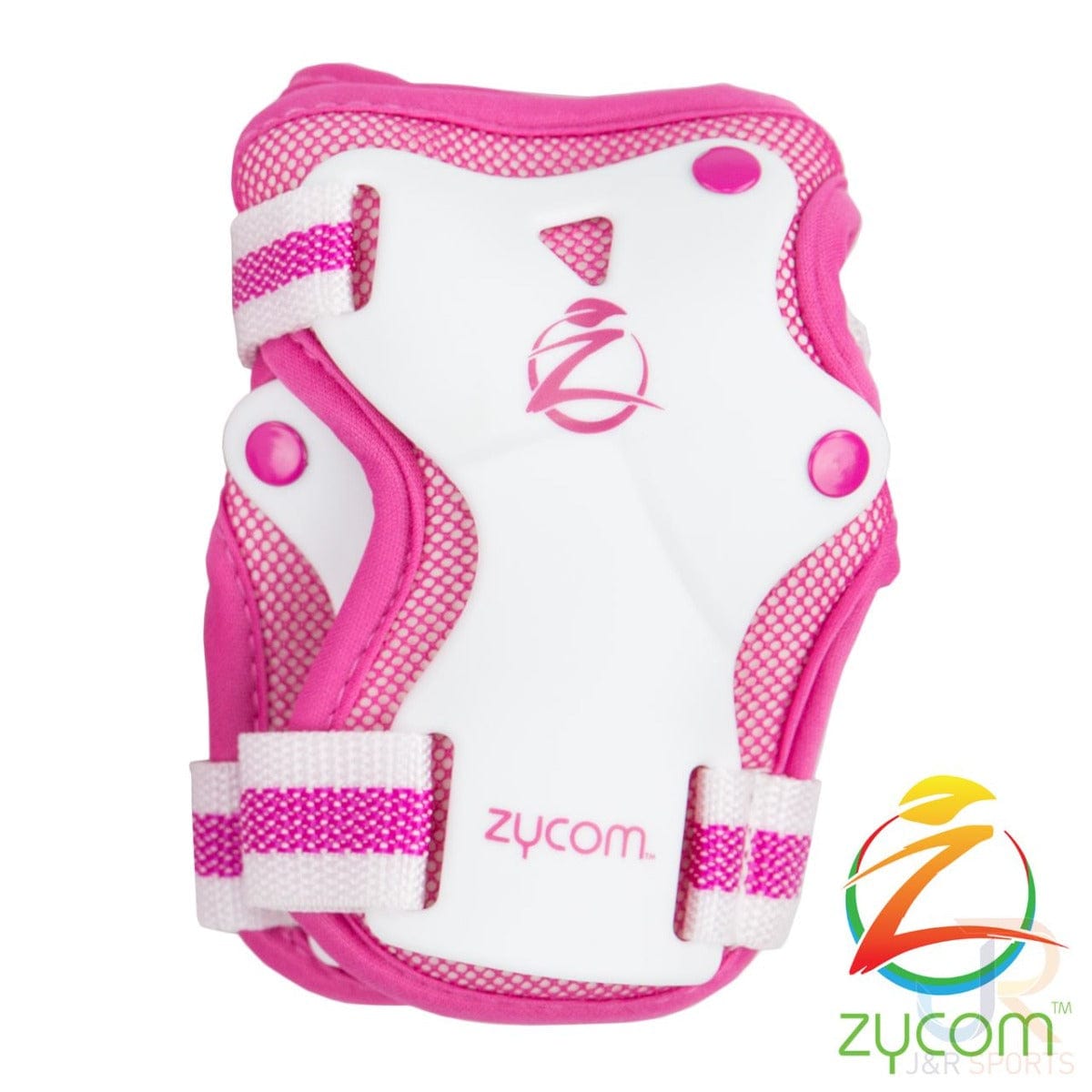 The Zycom Child Combo Skate Protection Pad Set in pink and white comes equipped with adjustable straps and durable EVA foam padding for maximum comfort, making it perfect for skating or biking. The set prominently features the colorful Zyccom logo at the bottom right corner to ensure safety for children.