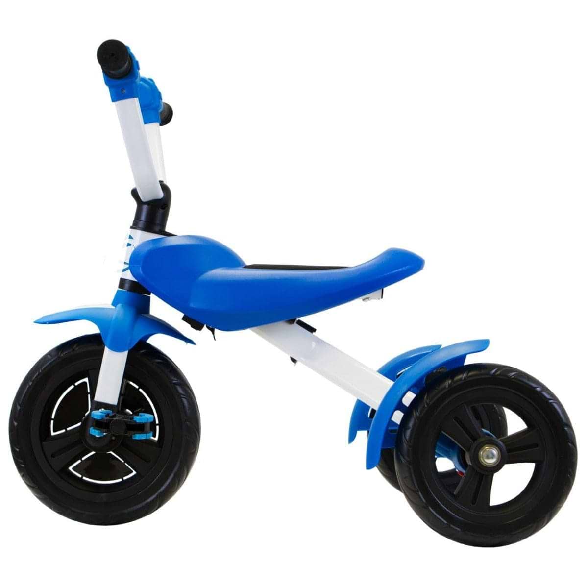 The Zycom Folding Ztrike Pedal Trike is a compact children's bike in black and blue, designed without pedals or training wheels to help toddlers develop their balance skills before moving on to a standard bicycle.