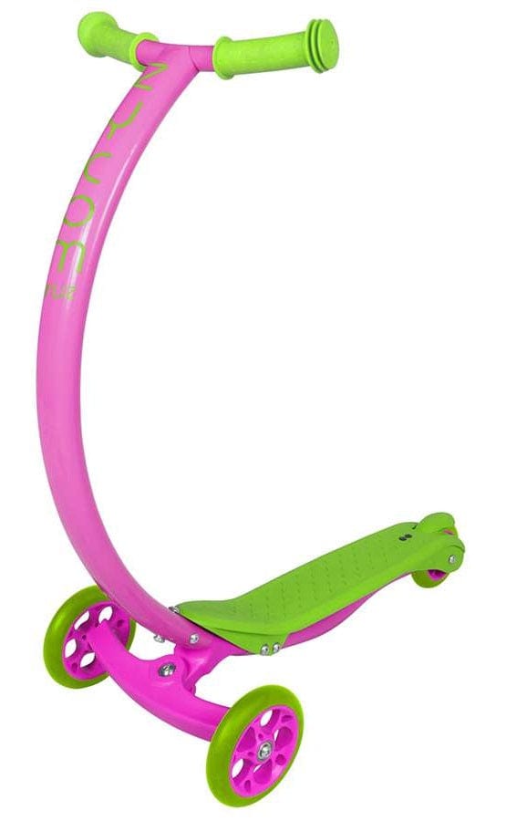 The Zycom C100 Mini Cruz Complete Scooter is a vibrant and lightweight three-wheel ride adorned in a playful pink and lime color scheme. It showcases a curved pink handlebar and base, complemented by green hand grips and a green deck. The wheels feature pink spokes with green rims, enhancing its lively appeal.