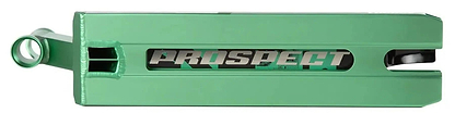Close-up of the Lucky Prospect 2025 Mint Stunt Scooter Deck, sized 5" x 19.5", made from durable Aluminum 6000 Series with "PROSPECT" in bold through a rectangular cutout—ideal for advanced riders seeking quality and style.