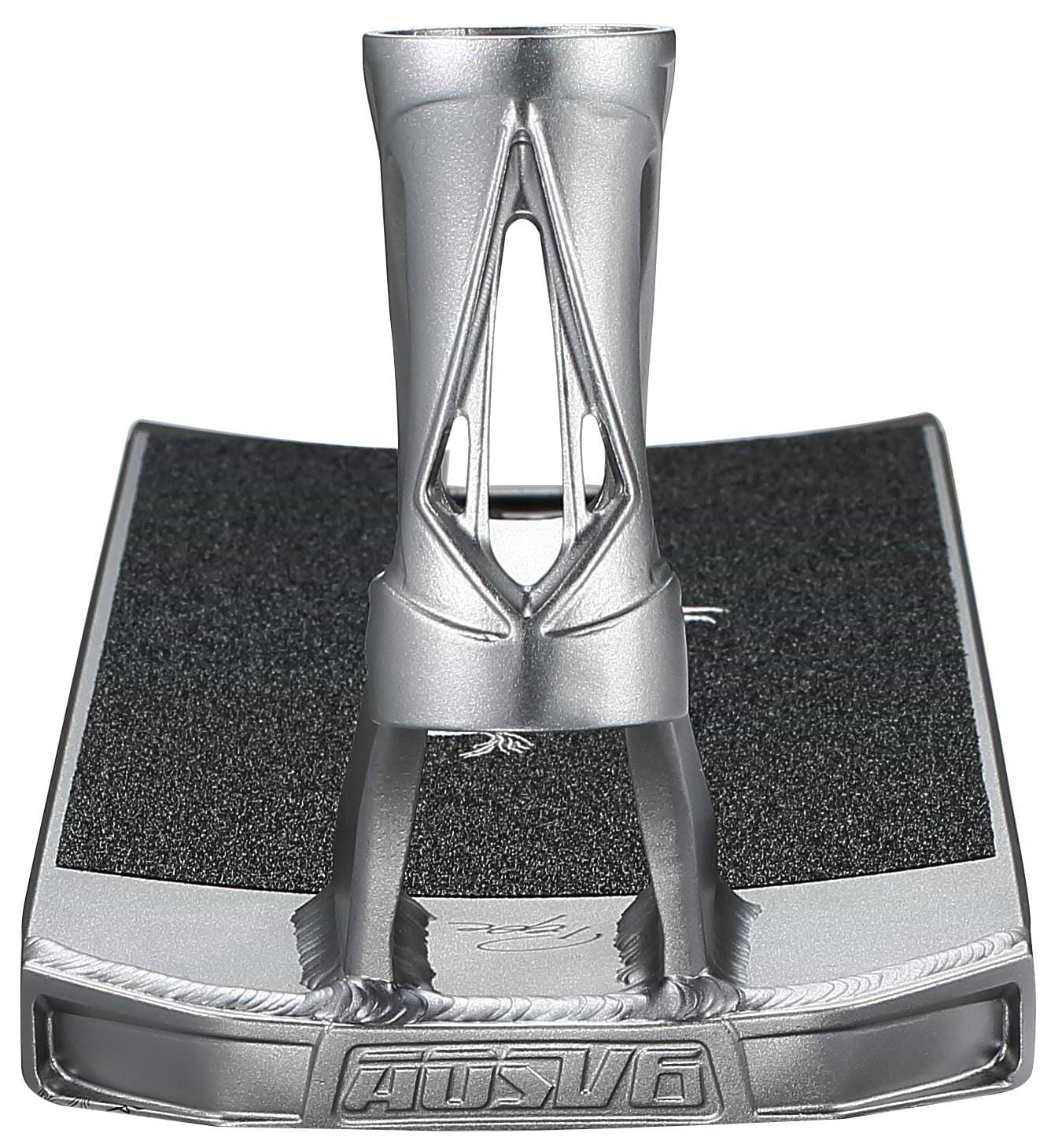 A close-up of the Blunt Envy AOS V6 Jonathan Perroni Signature Stunt Scooter Deck (6.5" x 23") shows its silver deck with black grip tape, sturdy neck, and cutout design—a standout among pro scooter decks from Blunt Envy.