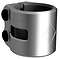 The Drone Solar 2 Bolt Oversized Stunt Scooter Clamp in silver is made from 7075 aluminum. It features a cylindrical design, two black screws, and an arrow pattern, making it lightweight and ideal for securing tubes or poles.
