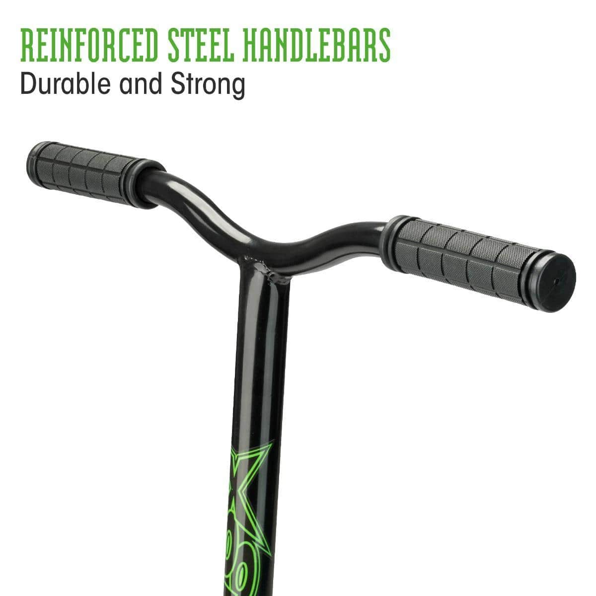 A close-up of the Xootz Envy Y-Bar Complete Stunt Scooter showcases its black reinforced steel handlebars equipped with ergonomic grips, ideal for executing extreme tricks. At the top, the text reads "Reinforced Steel Handlebars" and "Durable and Strong" in green and black fonts, emphasizing its robust design.