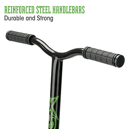 A close-up of the Xootz Envy Y-Bar Complete Stunt Scooter showcases its black reinforced steel handlebars equipped with ergonomic grips, ideal for executing extreme tricks. At the top, the text reads "Reinforced Steel Handlebars" and "Durable and Strong" in green and black fonts, emphasizing its robust design.