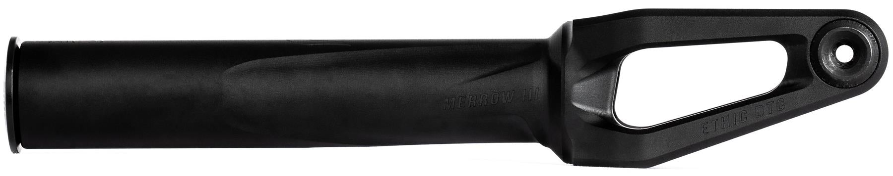 The Ethic DTC Merrow V3 8/12STD SCS Stunt Scooter Forks in Black by Ethic feature a cylindrical base, open triangular cutout near the mounting hole, and a smooth matte finish for a sleek, modern look.