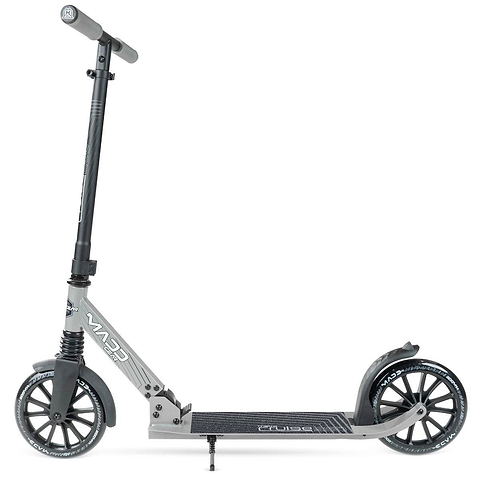The Madd Gear Metro Cruise 250 Foldable Commuter Scooter by MGP, in black/grey, features large wheels, an adjustable handlebar, foot stand, and a "CRUISER" deck. Photographed on a white background.