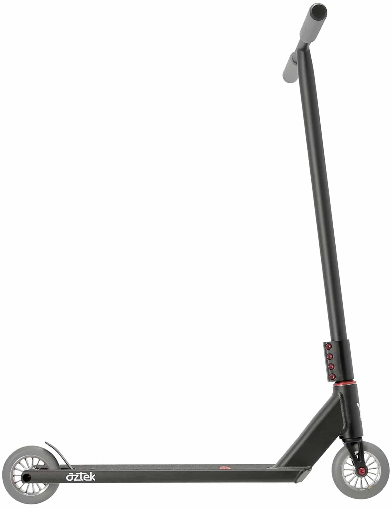 The Aztek Architect 2 Complete Stunt Scooter by Aztek features a satin black finish, slim deck, two small wheels, and a straight T-bar. Displayed sideways, this scooter highlights its minimalist and sleek street design.