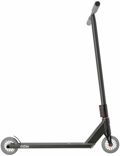 The Aztek Architect 2 Complete Stunt Scooter by Aztek features a satin black finish, slim deck, two small wheels, and a straight T-bar. Displayed sideways, this scooter highlights its minimalist and sleek street design.