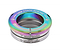The Blunt Envy Low Stack SCS Integrated Stunt Scooter Headset in Oil Slick Neochrome features a rainbow-colored top piece with silver lower pieces. It is engraved with "LOW STACK - SCS/HIC" on the top and "LOW STACK 1-1/8 HEADSET BEARINGS" below, and includes fully sealed bearings for reliable performance.