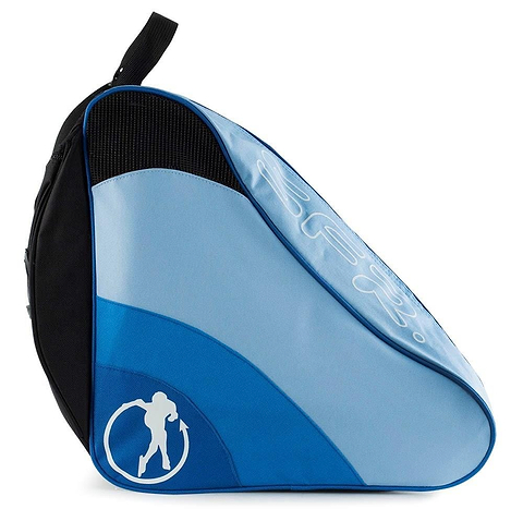 Introducing the SFR Ice & Skate Bag II - Blue by SFR, a water-resistant bag that showcases a stylized white icon of a tennis player on its side. Designed with a curved shape, it features an adjustable shoulder strap and a convenient handle on top, seamlessly blending style and functionality for the modern athlete.