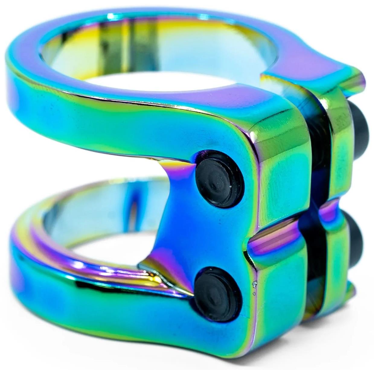 The CORE Venom 2 Bolt Oversized Stunt Scooter Clamp in Neochrome features a metallic, iridescent finish with an oversized double clamp design and two black tightening screws.