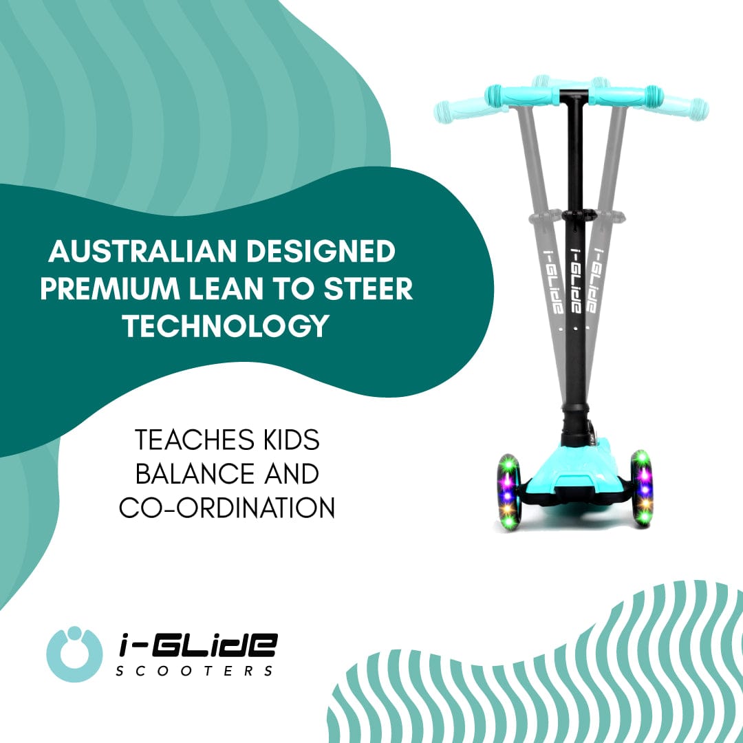 Image of an aqua and black scooter with LED wheels on a white background. Text reads: "Australian Designed Premium Lean to Steer Technology. Teaches Kids Balance and Coordination with an adjustable height handlebar." Bottom features the I-Glide logo for the i-Glide 3-Wheel LED Kids Scooter.