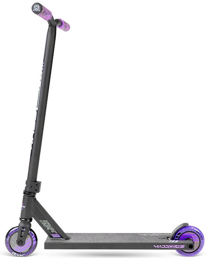 A Madd Gear MG 3 Zen Complete Stunt Scooter by MGP in Black/Lavender, with a textured deck, lavender wheels, and matching grips, stands upright against a white background.