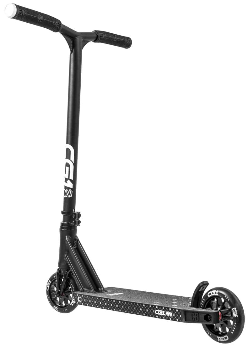 The CORE CG1 Mini Complete Stunt Scooter by CORE is a black beginner kids scooter with wide handlebars, a sturdy deck, two small solid wheels, and white branding accents for a sleek skatepark-ready look.