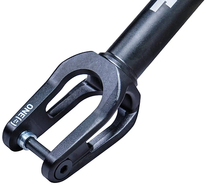 Close-up view of the Tilt Stage 1 SCS/HIC Stunt Scooter Fork by Tilt in black, crafted from lightweight T6 heat-treated 6000 series aluminium—a top stunt scooter upgrade with a horizontal axle bolt and “ONE” label.