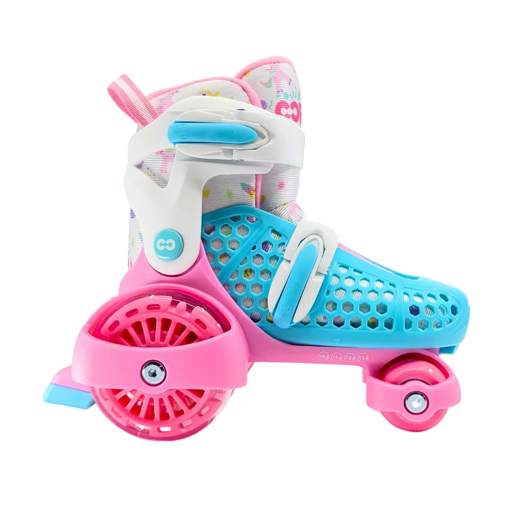The CORE Kids Newbie LED Adjustable Roller Skates in Pink/Blue by CORE feature a blue and pink shell, white straps, three pink wheels, and size adjustment for growing feet—perfect for first-time skaters. Set against a plain white background.