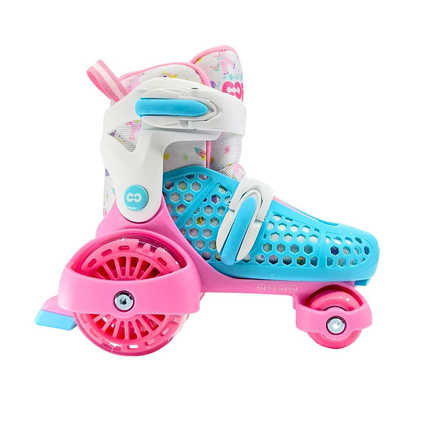 The CORE Kids Newbie LED Adjustable Roller Skates in Pink/Blue by CORE feature a blue and pink shell, white straps, three pink wheels, and size adjustment for growing feet—perfect for first-time skaters. Set against a plain white background.