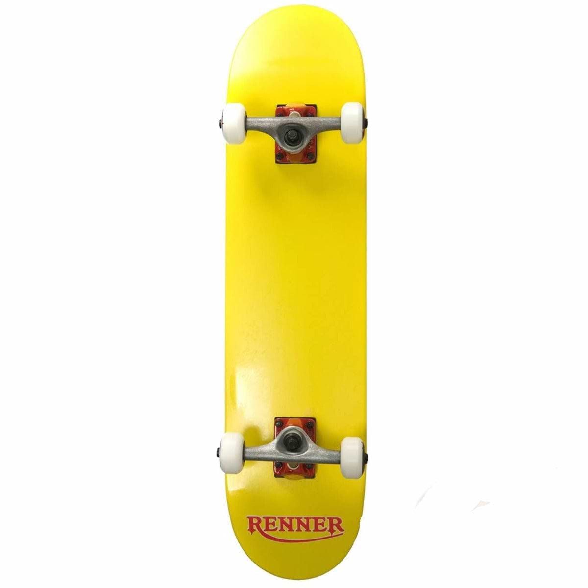 The Renner Pro Series Yellow Complete Skateboard - 7.75" x 31" highlights a vibrant yellow deck made from 7 Ply Canadian Maple, paired with silver trucks and white wheels. The bold red "RENNER" logo is prominently displayed at the bottom center, while the board is positioned vertically against a plain white background, making its striking design unmissable.