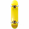 The Renner Pro Series Yellow Complete Skateboard - 7.75" x 31" highlights a vibrant yellow deck made from 7 Ply Canadian Maple, paired with silver trucks and white wheels. The bold red "RENNER" logo is prominently displayed at the bottom center, while the board is positioned vertically against a plain white background, making its striking design unmissable.