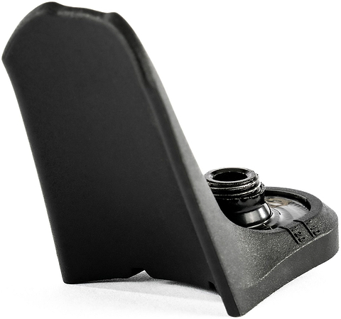 A close-up of a black plastic bottle cap opener, shown upright to highlight its threaded opening area, features a sleek design reminiscent of the Ethic DTC Stunt Scooter 8 STD Fender V2 - Black by Ethic DTC against a plain white background.