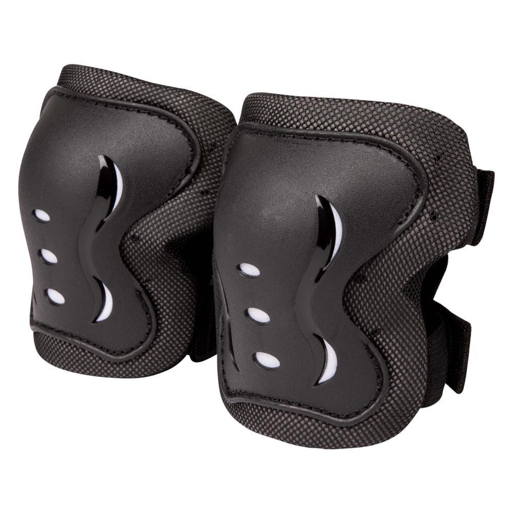 The Heelys F2 Junior Triple Skate Protection Pad Set in black and white features shock-absorbing padding, breathable mesh, and adjustable straps for comfort and protection during sports or outdoor activities.