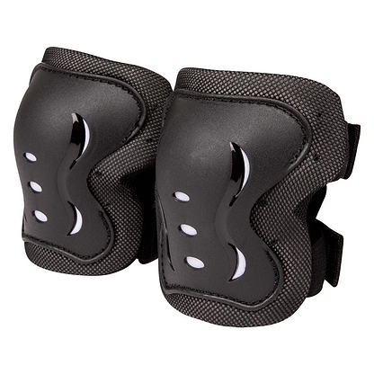 The Heelys F2 Junior Triple Skate Protection Pad Set in black and white features shock-absorbing padding, breathable mesh, and adjustable straps for comfort and protection during sports or outdoor activities.