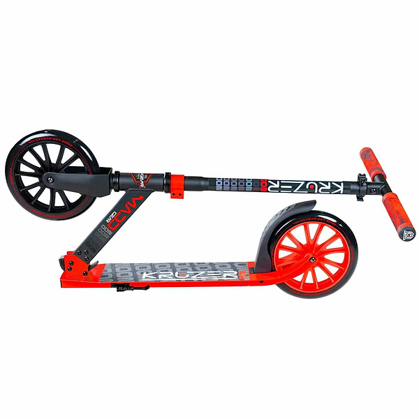 Introducing the Madd Gear MGP Carve Kruzer V2-200 Commuter Foldable Scooter in Black and Red. This scooter features large wheels, ideal for kids commuting. The deck is adorned with a unique pattern and the clearly displayed "Kruzer" name, while the handlebars are wrapped in coordinated material for a stylish look.