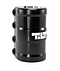The Tilt ARC 4 Bolt Oversized SCS Stunt Scooter Clamp - Black by Tilt features four side hex bolts, "TILT" logo on the front, a glossy black finish, and includes a removable shim for compatibility.