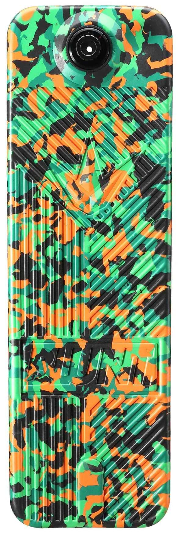 The Blunt Envy TS Pro 7.5 Indoor Trampoline Stunt Scooter showcases a vibrant deck featuring an abstract camouflage pattern in green, orange, and black. The single front wheel is distinct, enhancing the customizable scooter's design. Boldly printed across the deck is the name "Ridge.