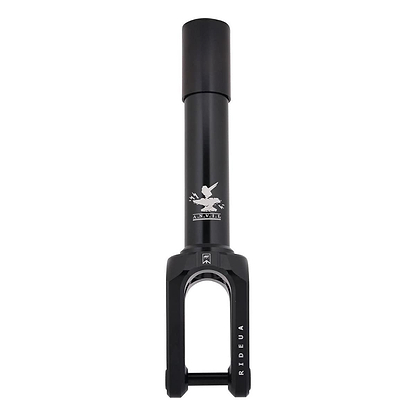 The UrbanArtt Anvil SCS/HIC Stunt Scooter Forks in black showcase a bird logo and the "RIDE UA" inscription along their side, made from robust 6061-T6 aluminum. The design features a sleek cylindrical top that smoothly transitions into wider fork arms, embodying the design excellence typical of UrbanArtt products.