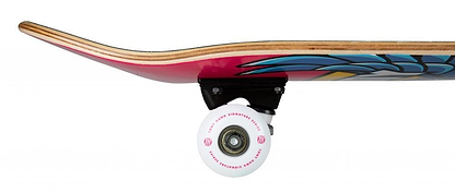 Side view of the Tony Hawk SS 180+ Eagle Logo Pink Complete Skateboard (7.75" x 31") showcasing the back white wheel, black truck, and pink deck with graphic—ideal for beginners.