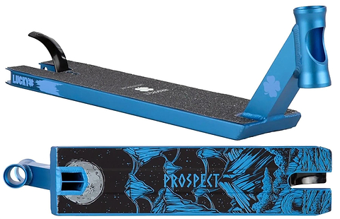 The Lucky Prospect Limited Edition Royal Blue Stunt Scooter Deck (5" x 20") by Lucky features black grip tape, a clover logo and "Lucky" on the side, plus a cosmic underside with a moon, blue mountains, and bold "PROSPECT.