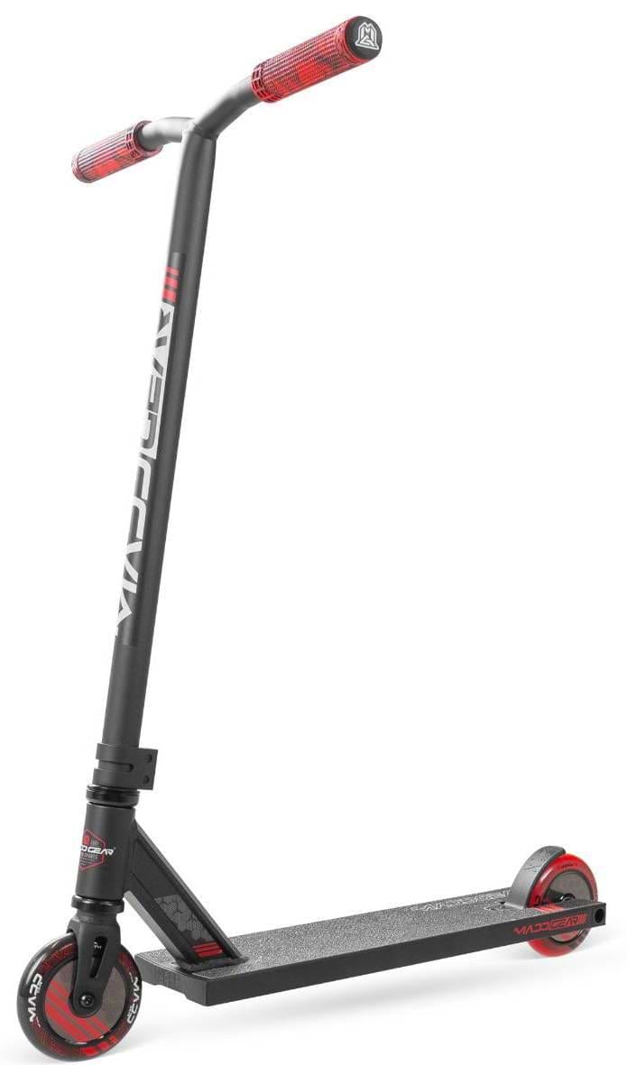 The Madd Gear MG 3 Zen Complete Stunt Scooter in Black/Red by MGP features red handlebar grips and wheels, a sleek angled black deck, and "Madd Gear" branding—ideal for kids seeking a pro stunt scooter experience.