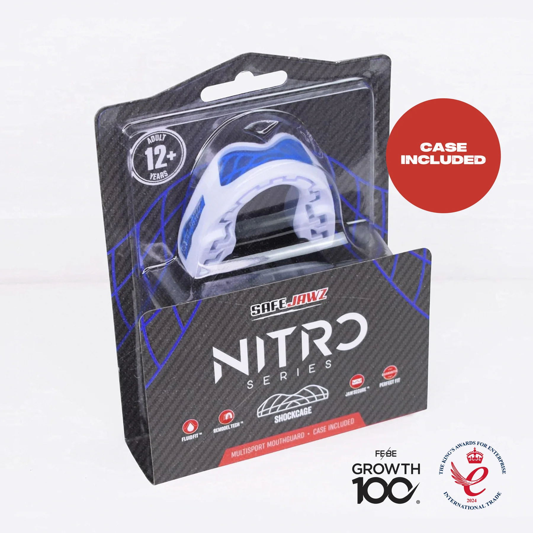 A Safejawz Nitro Series Protection Mouthguard for ages 12+ in white/blue, shown in branded packaging. Text states “Case included.” Award and certification logos appear at the bottom right.