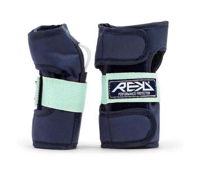 Two wrist guards from the REKD Heavy Duty Triple Skate Protection Pad Set in blue and mint, featuring the "REKD Performance Protection" logo. They are designed with heavy-duty impact caps, displayed in an upright position, and include velcro closures for enhanced wrist support.