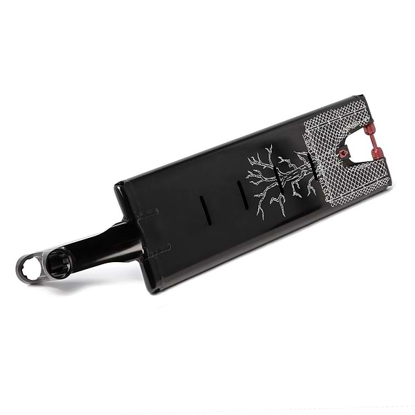 The Aztek Europa 2 Black Stunt Scooter Deck (7" x 24") by Aztek features striking white tree and geometric graphics, a rectangular cutout with red accents at one end, and a rounded mount—perfect for improving street grinding skills.