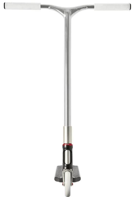 A front view of the Aztek Corsa Complete Stunt Scooter in black by Aztek, featuring white handlebars and a single front wheel, photographed on a white background.