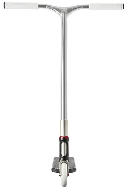 A front view of the Aztek Corsa Complete Stunt Scooter in black by Aztek, featuring white handlebars and a single front wheel, photographed on a white background.