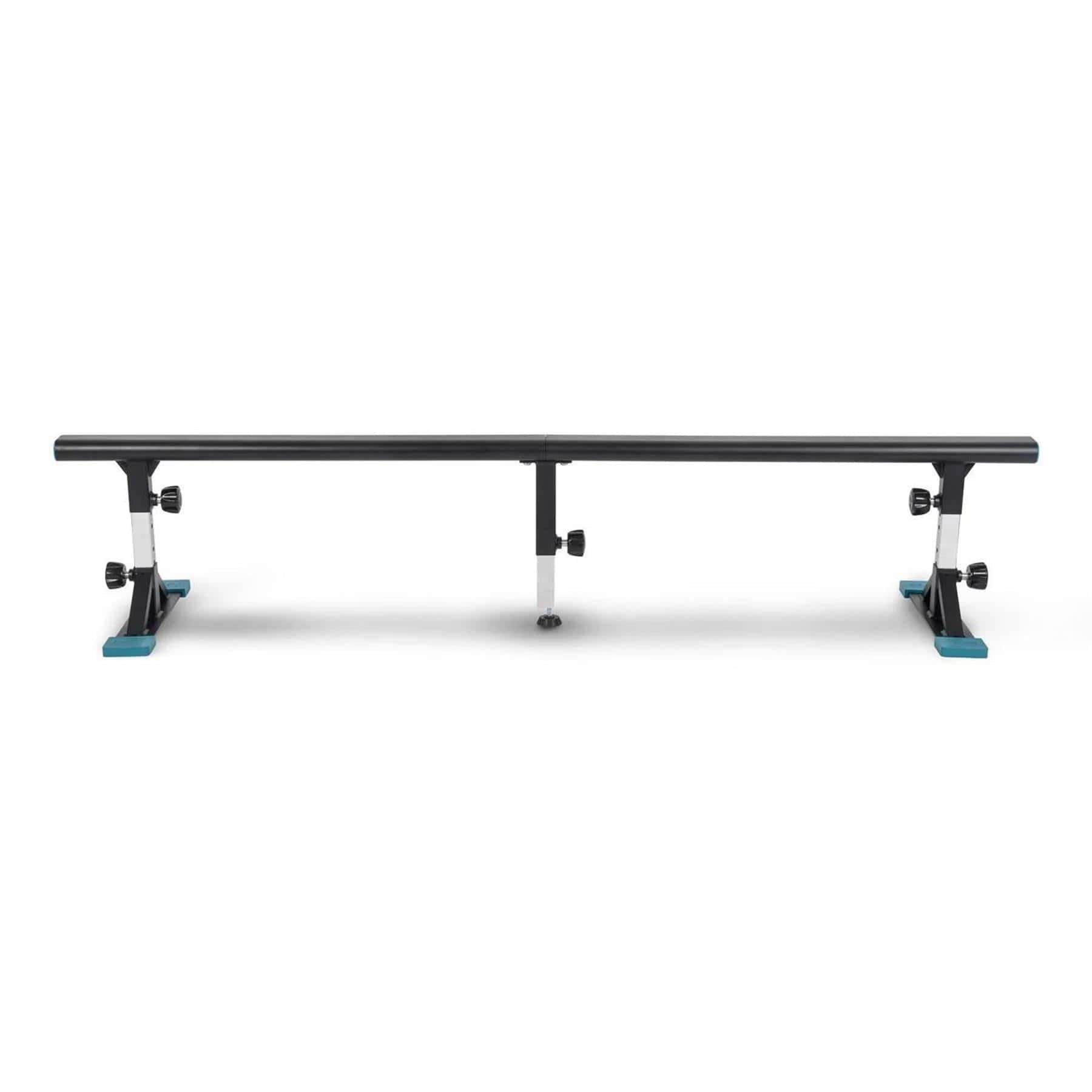 The Invert Supreme Portable Grind Rail - Black by Invert features blue end caps and support legs, offering a durable, adjustable rail for skateboarding or inline skating tricks—easy to set up and shown on a plain white background.