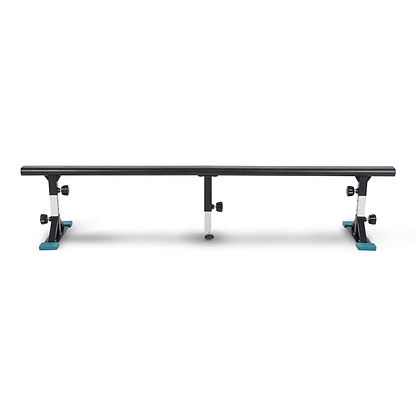 The Invert Supreme Portable Grind Rail - Black by Invert features blue end caps and support legs, offering a durable, adjustable rail for skateboarding or inline skating tricks—easy to set up and shown on a plain white background.