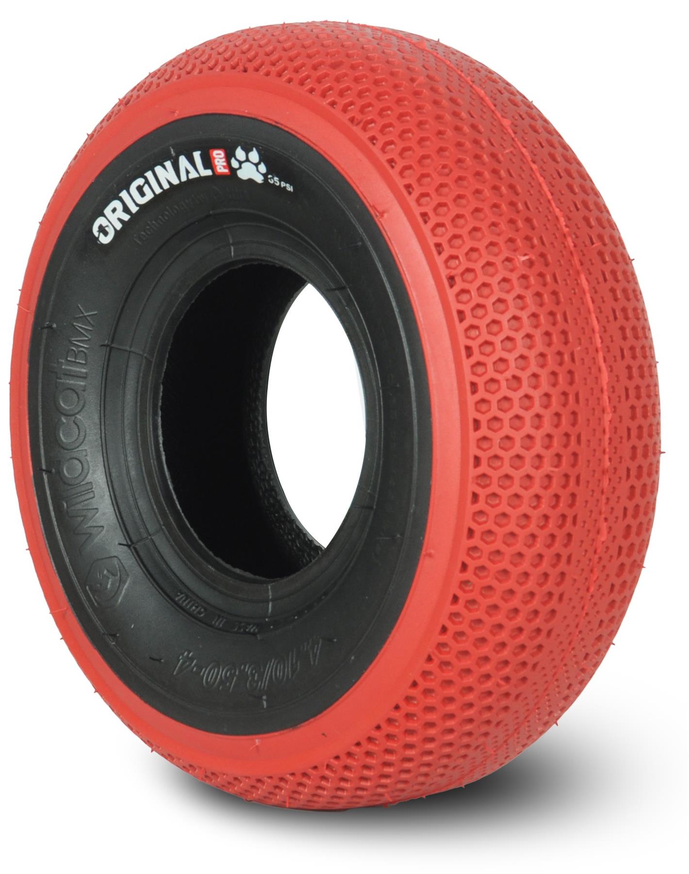 The Wildcat OG 3A Mini BMX Bike - Royal Red features a red and black tire with a honeycomb tread, “Original” and “Wimocat BMX” on the sidewall, and is ideal for Mini BMX setups. It pairs perfectly with CNC aluminum wheel rims for improved performance.