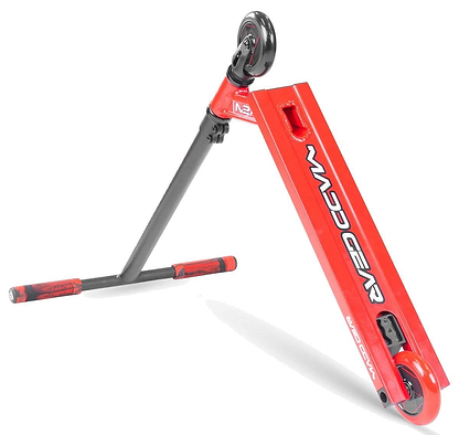The Madd Gear (MGP) MG 1 Raven Complete Stunt Scooter in red/black is shown tilted, highlighting its deck, single front wheel, and handlebars with red and black grip tape. The Madd Gear logo appears on the deck.