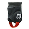 A close-up of the CORE Ankle Skate Protection Guards in black fabric shows Velcro straps for support, ideal for extreme sports. It features a red pull tab and displays a white "CD" logo on the side. The textured surface offers durability and comfort, making it perfect for scootering enthusiasts who need reliable ankle protection.