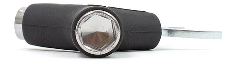 Close-up of the Rio Roller Quad Roller Skate Tool in black with a metal lever, designed by Rio Roller for easy adjustments to your quad roller skates—shown on a white background.